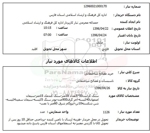 استعلام, استعلام خرید مصالح ساختمانی
