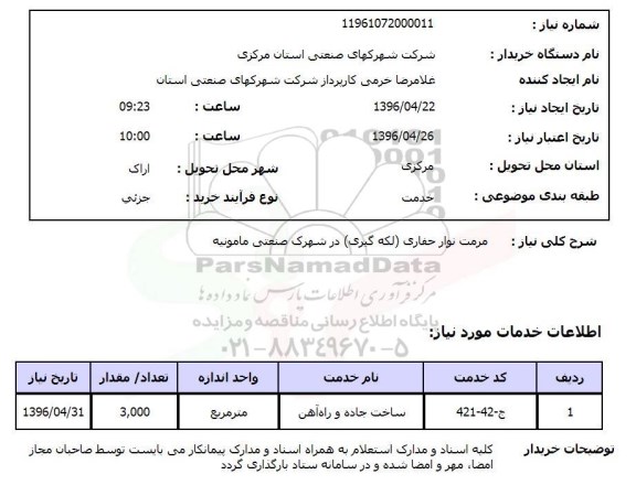 استعلام، استعلام مرمت نوار حفاری (لکه گیری) در شهرک صنعتی مامونیه