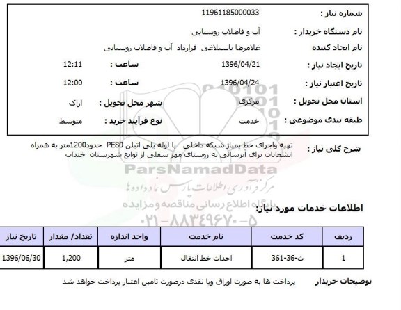 استعلام , استعلام تهیه و اجرای خط پمپاژ شبکه داخلی با لوله پلی اتیلن pe80 حدود 1200 متر