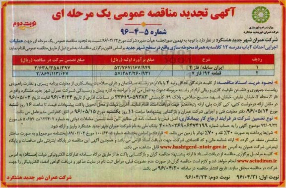 آگهی تجدید مناقصه عمومی یک مرحله ای , مناقصه عملیات اجرایی احداث 2 باب مدرسه 12 کلاسه تجدید نوبت دوم
