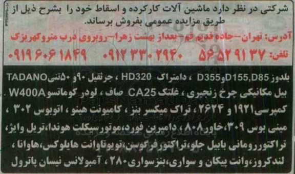 مزایده , مزایده فروش ماشین آلات کارکرده و اسقاط خود