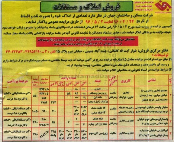 مزایده,مزایده واگذاری تعدادی از املاک نقد و اقساط 