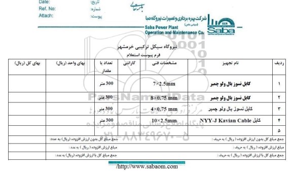 استعلام، استعلام کابل نسوز بال ولو چمبر...