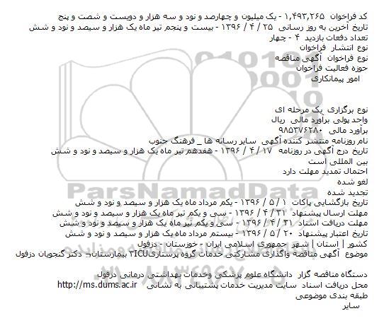 آگهی مناقصه، مناقصه واگذاری مشارکتی خدمات گروه پرستاریICU۳ بیمارستان دکتر گنجویان دزفول