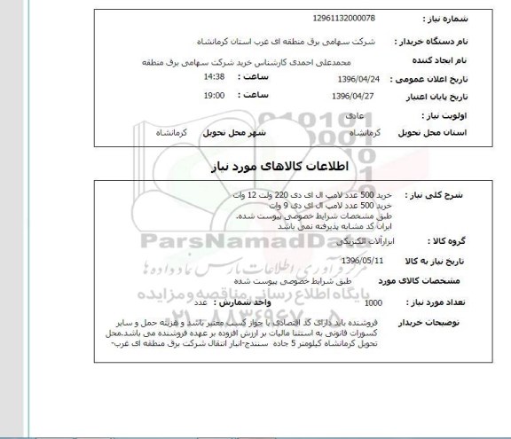 استعلام ، استعلام خرید 500 عدد لامپ ال ای دی 220 ولت 12 ولت ..