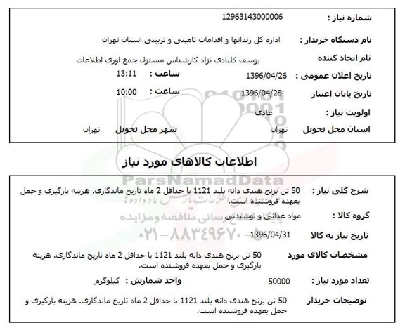 استعلام, استعلام 50 تن برنج هندی دانه بلند 1121