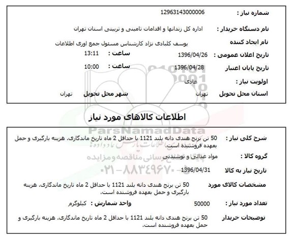 استعلام, استعلام 50 تن برنج هندی دانه بلند 1121 