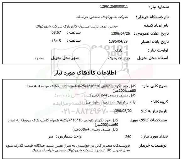 استعلام, استعلام کابل خود نگهدار هوایی