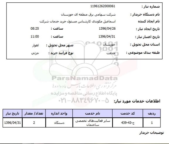 استعلام, استعلام فعالیت های تخصصی ساختمان