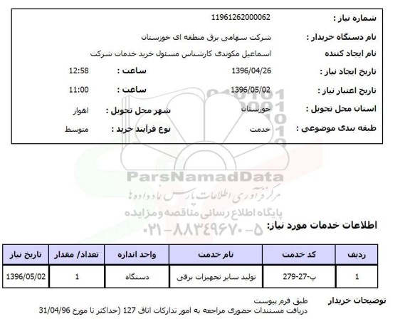 استعلام، استعلام تولید سایر تجهیزات برقی	