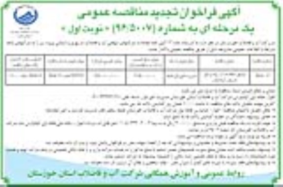 مناقصه, تجدید فراخوان وصول مطالبات آب بها و حق انشعاب آبفا آبادان