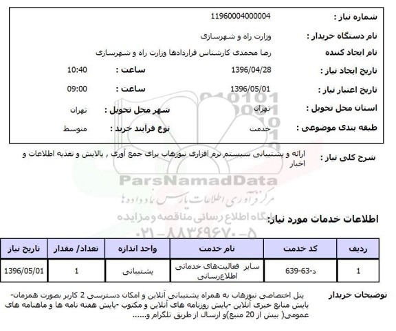 استعلام, استعلام ارائه و پشتیبانی سیستم نرم افزاری نیوزهاب