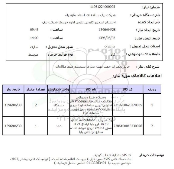 استعلام ,استعلام تجهیزات ضبط مکالمات 96.4.28