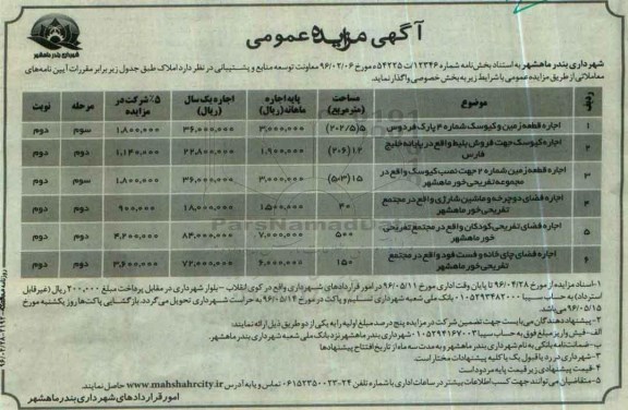 آگهی مزایده عمومی ,مزایده اجاره قطعه زمین و کیوسک و...