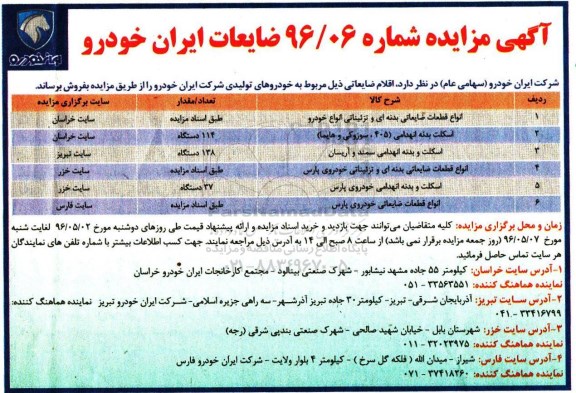 آگهی مزایده، مزایده اقلام ضایعاتی مربوط به خودروهای تولیدی شرکت ایران خودرو 