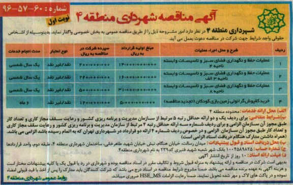 مناقصه , مناقصه عملیات حفظ و نگهداری فضای سبز و تاسیسات وابسته ناحیه 4 ....