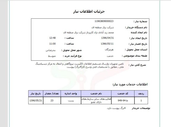 استعلام , استعلام تامین تجهیزات و ارسال مستقیم اطلاعات 23 پست نیروگاهی