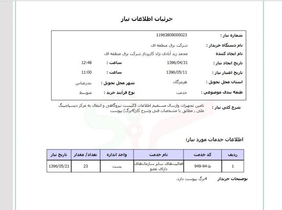 استعلام , استعلام تامین تجهیزات و ارسال مستقیم اطلاعات 23 پست نیروگاهی 