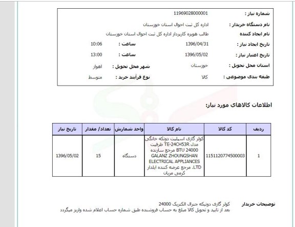 استعلام کولر گازی اسپیلت دو تکه خانگی
