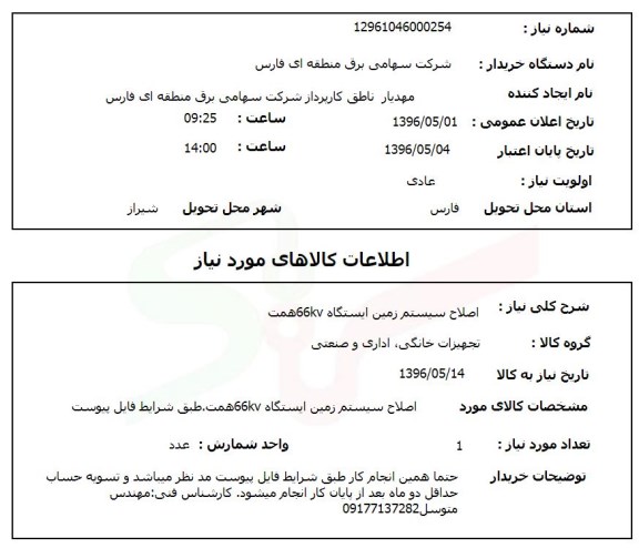 استعلام, استعلام اصلاح سیستم زمین ایستگاه 66kv همت