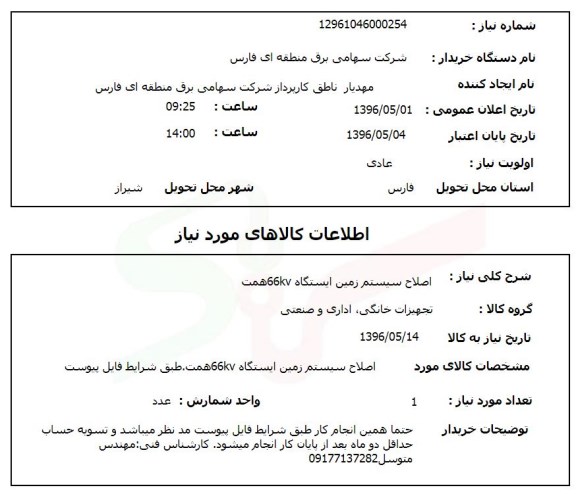 استعلام, استعلام  اصلاح سیستم زمین ایستگاه 66kv همت