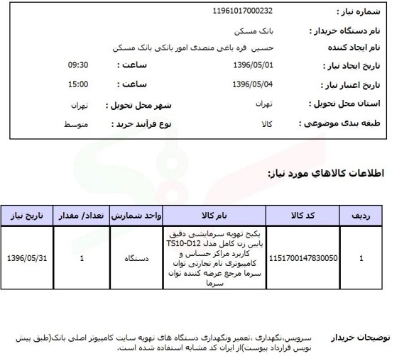 استعلام, استعلام پکیج تهویه سرمایشی دقیق پایین زن کامل