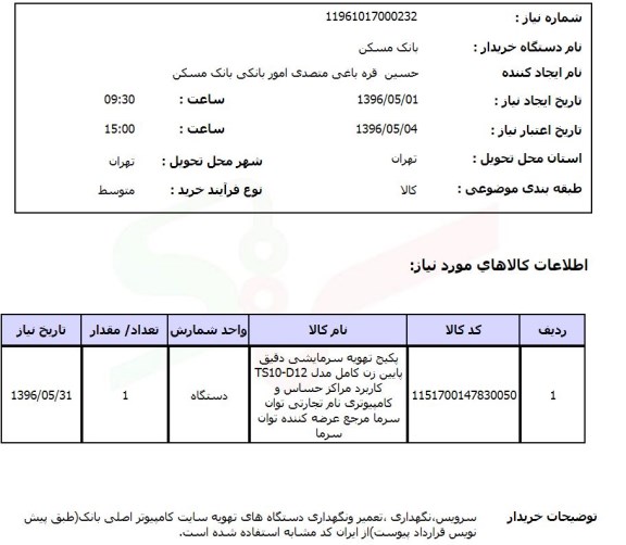 استعلام, استعلام پکیج تهویه سرمایشی دقیق پایین زن کامل 