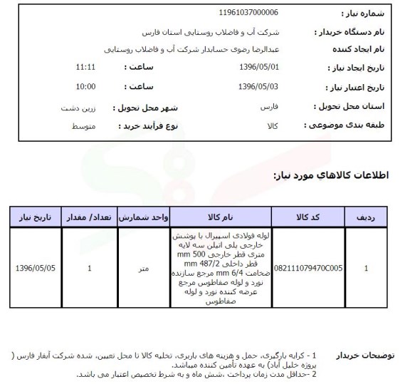 استعلام، استعلام لوله فولادی اسپیرال با پوشش خارجی پلی اتیلن 