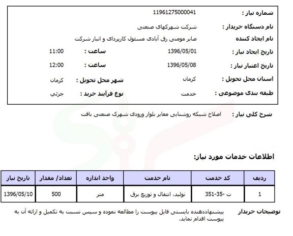 استعلام اصلاح شبکه روشنایی معابر بلوار ورودی شهرک 96.5.1