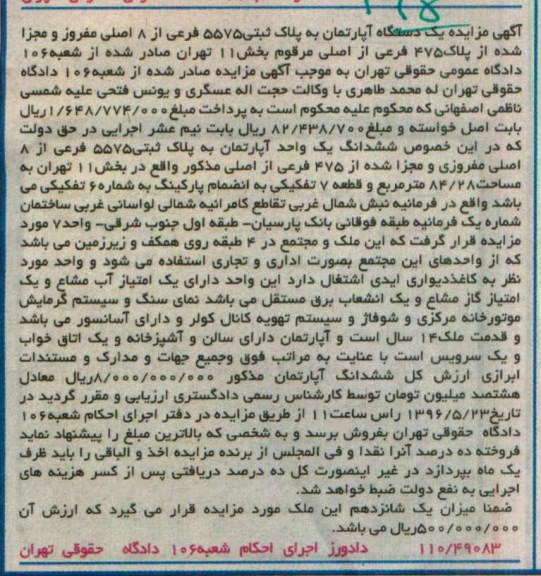 مزایده ,مزایده ششدانگ اپارتمان مساحت 84.28متر