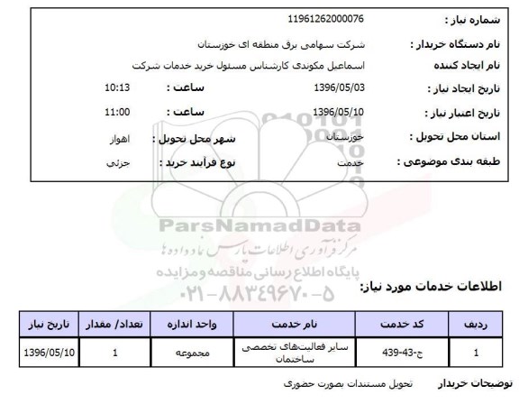 استعلام ، سایر فعالیت های تخصصی ساختمان