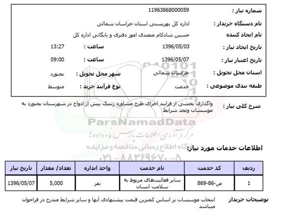 استعلام واگذاری بخشی از فرایند اجرای طرح مشاوره ژنتیک پیش ازدواج