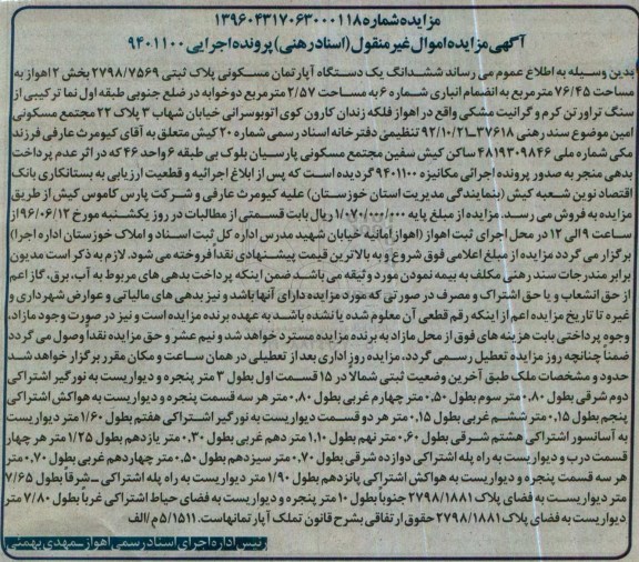 مزایده,مزایده ششدانگ آپارتمان مساحت 76.45متر