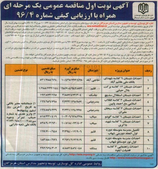 آگهی مناقصه عمومی یک مرحله ای همراه با ارزیابی کیفی,مناقصه احداث دبستان 6 کلاسه شهدای بانک ملی هاشم آباد