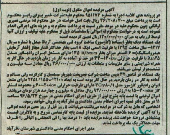 مزایده,مزایده یک دستگاه بخار ایستاده ، یک دستگاه فر قنادی