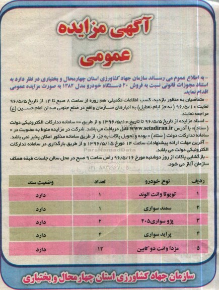 مزایده , مزایده فروش 20 دستگاه خودرو مدل 82