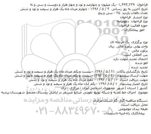 فراخوان دعوتنامه ، فراخوان دعوتنامه اجرای خط تغذیه و شبکه توزیع تقویتی صنایع مستقر در اراضی روستای