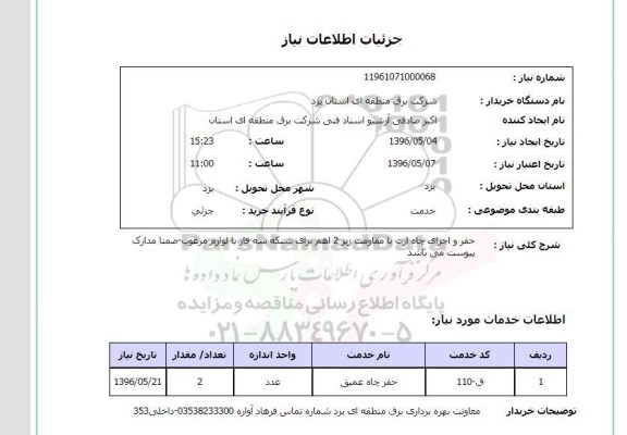 استعلام, استعلام حفر و اجرای چاه ارت