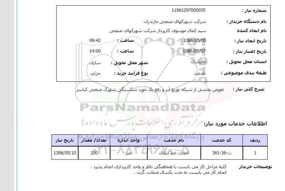 استعلام, استعلام تعویض بخشی از شبکه توزیع آب و رفع یک مورد شکستگی