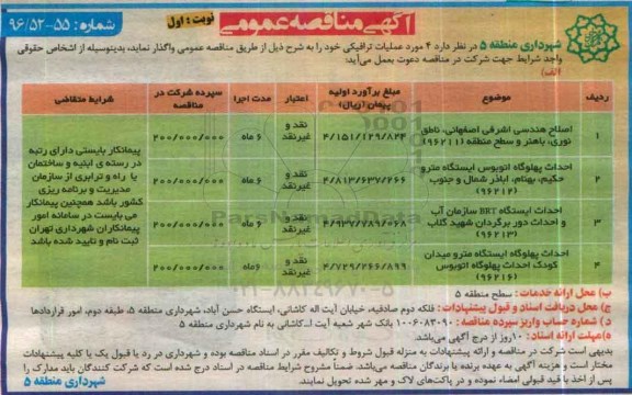 آگهی مناقصه عمومی، مناقصه اصلاح هندسی اشرافی اصفهانی، ناطق نوری، باهنر و سطح منطقه...