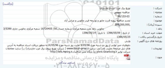 تجدید مناقصه عمومی, تجدید مناقصه پروژه قدرت مانور و توسعه فیدر چالوس و عباس آباد