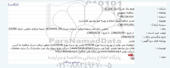 مناقصه عمومی, مناقصه پروژه اصلاح و بهینه امور نوشهر