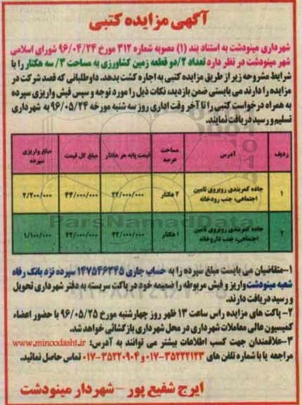 آگهی مزایده کتبی, مزایده واگذاری به اجاره کشت دو قطعه زمین کشاورزی
