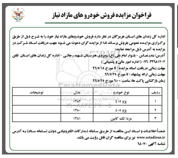 فراخوان , فراخوان مزایده فروش خودروهای مازاد نیاز 