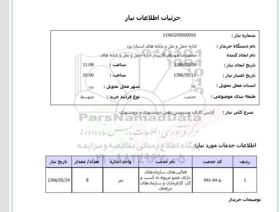 استعلام آژانس کارکرد و سرویس دهی درونشهری و برونشهری