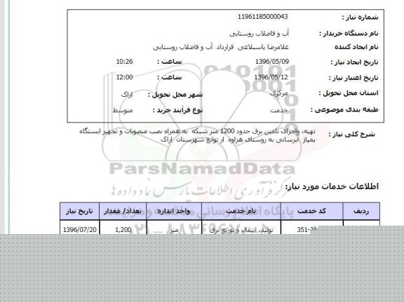 استعلام تهیه و اجرای تامین برق حدود 1200 متر شبکه