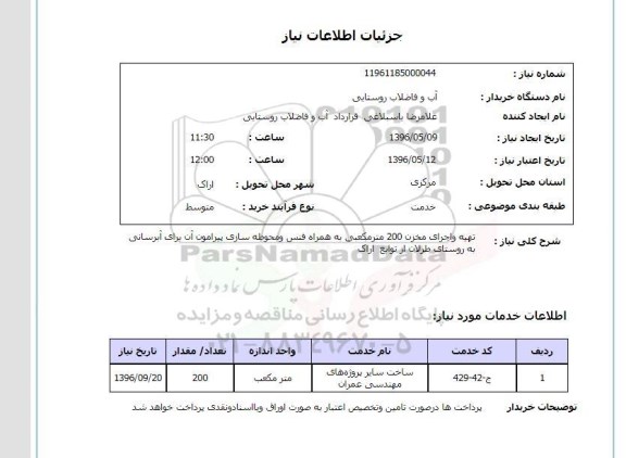 استعلام تهیه و اجرای مخزن 200 مترمکعبی به همراه فنس و محوطه سازی