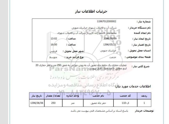 استعلام , استعلام عملیات حفاری یک حلقه چاه عمیق آب به روش دورانی