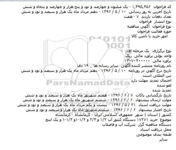 مناقصه خرید ۱۷۲۷۱ دستگاه کنتور آب
