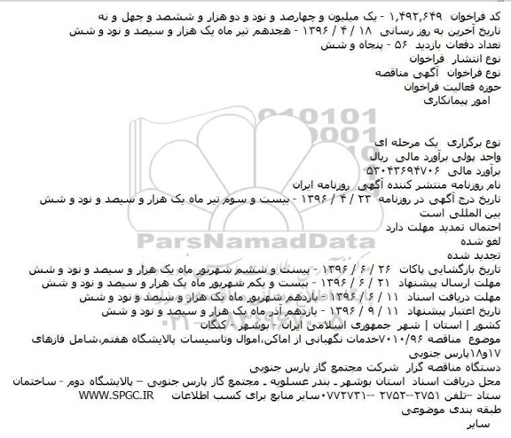 فراخوان مناقصه عمومی، فراخوان مناقصه خدمات نگهبانی از اماکن، اموال و تاسیسات پالایشگاه